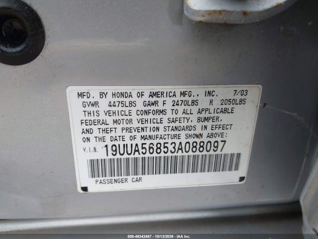 46342467 :رقم المزاد ، 19UUA56853A088097 vin ، 2003 Acura Tl 3.2 Type S مزاد بيع