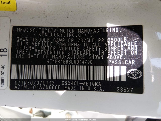 46342482 :رقم المزاد ، 4T1BK1EB6DU014790 vin ، 2013 Toyota Avalon Xle Touring مزاد بيع