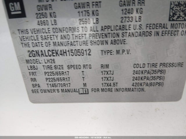 46342484 :رقم المزاد ، 2GNALCEK4H1505912 vin ، 2017 Chevrolet Equinox Lt مزاد بيع
