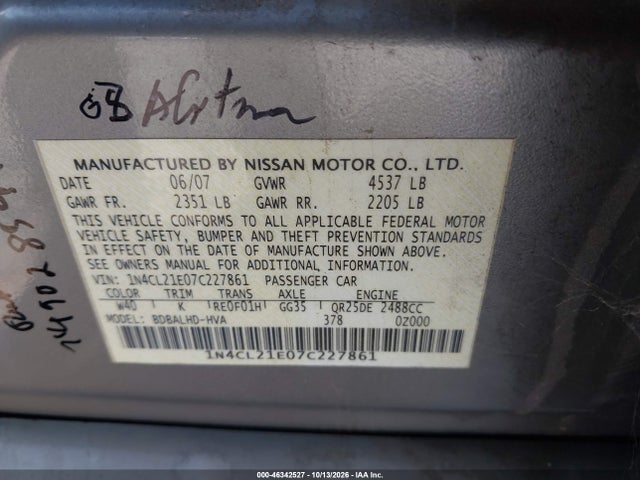 Aukcja sprzedaży 2007 Nissan Altima Hybrid, vin: 1N4CL21E07C227861, numer aukcji: 46342527