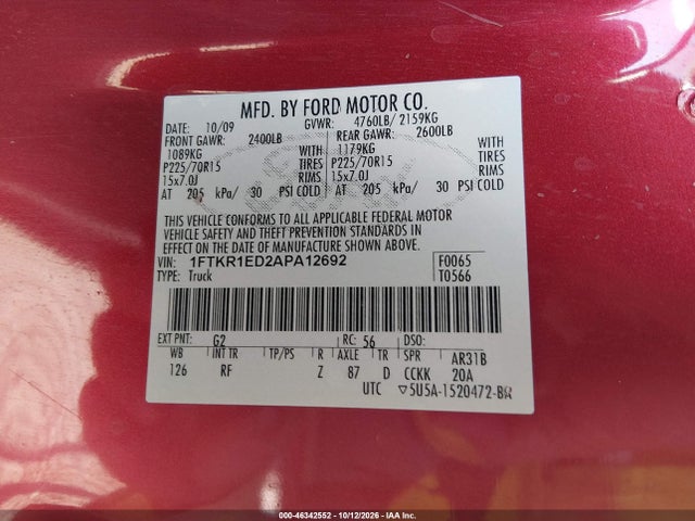 46342552 :رقم المزاد ، 1FTKR1ED2APA12692 vin ، 2010 Ford Ranger Xl/xlt مزاد بيع