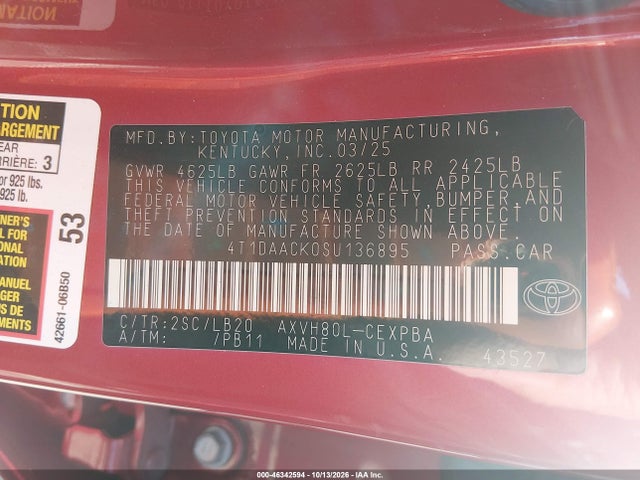 Продаж на аукціоні авто 2025 Toyota Camry Xse, vin: 4T1DAACK0SU136895, номер лоту: 46342594