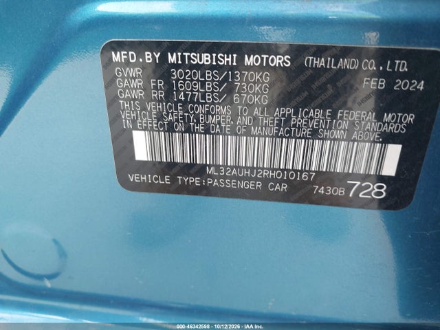 Aukcja sprzedaży 2024 Mitsubishi Mirage Es/le, vin: ML32AUHJ2RH010167, numer aukcji: 46342598