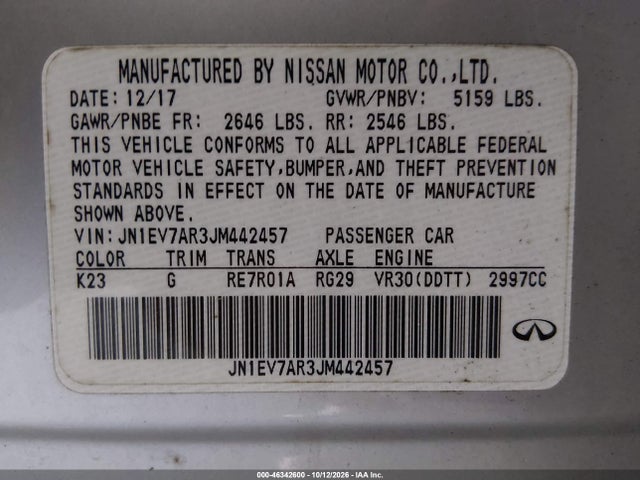 Продаж на аукціоні авто 2018 Infiniti Q50 3.0t Luxe, vin: JN1EV7AR3JM442457, номер лоту: 46342600