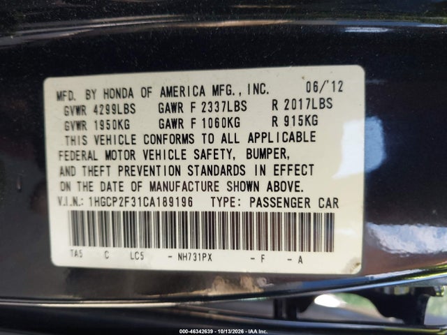 Aukcja sprzedaży 2012 Honda Accord 2.4 Lx, vin: 1HGCP2F31CA189196, numer aukcji: 46342639