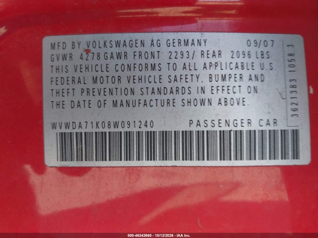Продаж на аукціоні авто 2008 Volkswagen Rabbit S, vin: WVWDA71K08W091240, номер лоту: 46342660