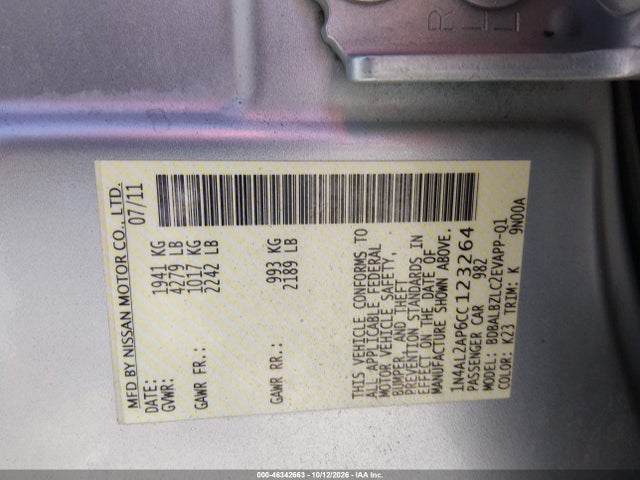 46342663 :رقم المزاد ، 1N4AL2AP6CC123264 vin ، 2012 Nissan Altima 2.5 S مزاد بيع