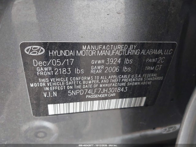 5NPD74LF7JH301843 Hyundai ELANTRA SE