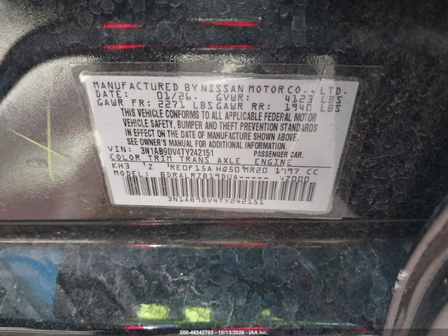 Aukcja sprzedaży 2026 Nissan Sentra Sr, vin: 3N1AB9DV4TY242151, numer aukcji: 46342703