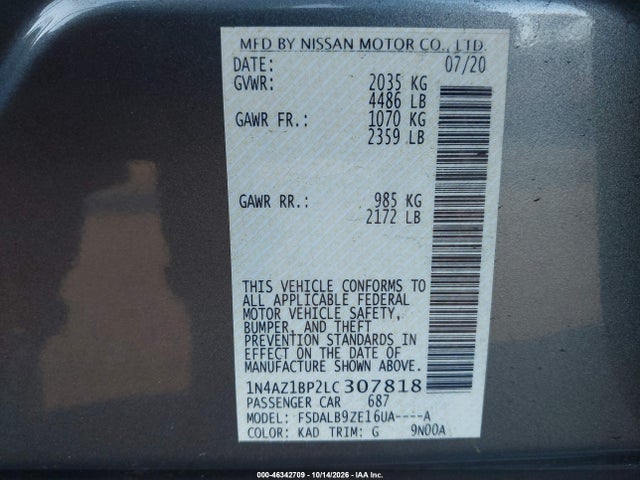 46342709 :رقم المزاد ، 1N4AZ1BP2LC307818 vin ، 2020 Nissan Leaf S 40 Kwh مزاد بيع