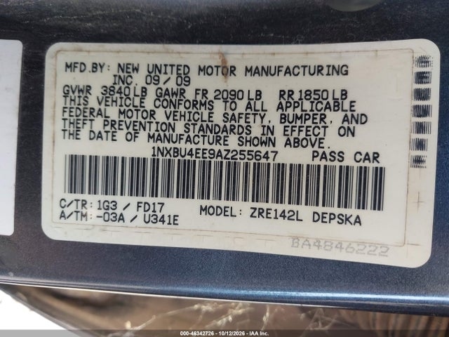 46342726 :رقم المزاد ، 1NXBU4EE9AZ255647 vin ، 2010 Toyota Corolla S مزاد بيع