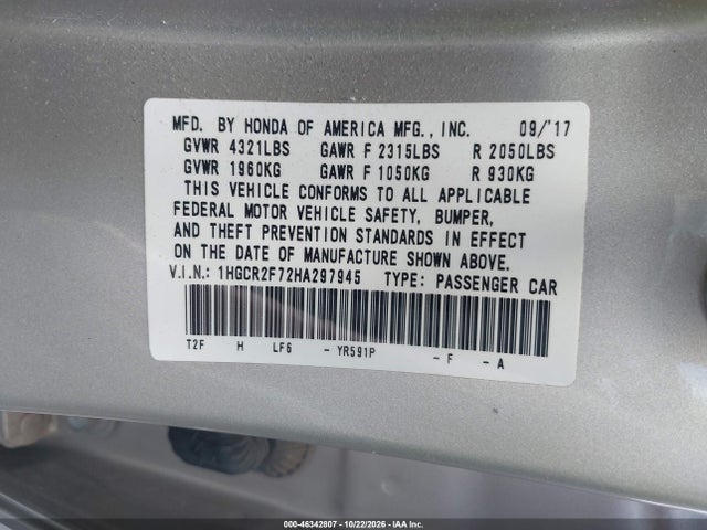 Honda ACCORD EX 2017 1HGCR2F72HA297945 Image 9