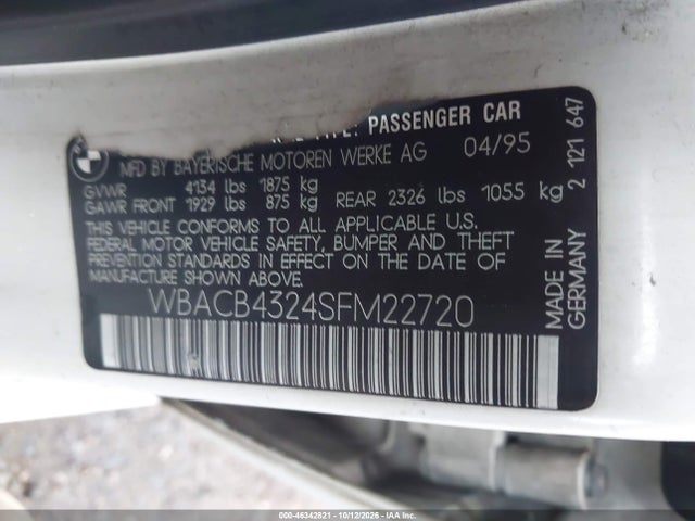 46342821 :رقم المزاد ، WBACB4324SFM22720 vin ، 1995 Bmw 325 I Automatic مزاد بيع