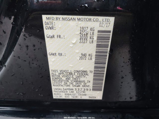 Продажа на аукционе авто 2017 Nissan Altima 2.5 S, vin: 1N4AL3AP0HN337393, номер лота: 46342831