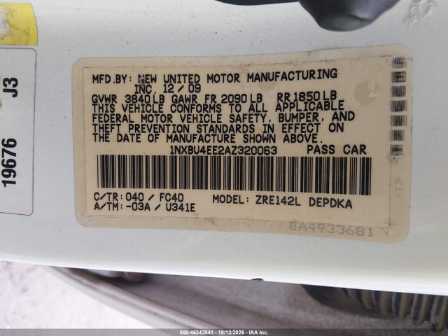 Продажа на аукционе авто 2010 Toyota Corolla Le, vin: 1NXBU4EE2AZ320063, номер лота: 46342841