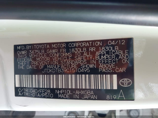Aukcja sprzedaży 2012 Toyota Prius C Three, vin: JTDKDTB39C1510495, numer aukcji: 46342842