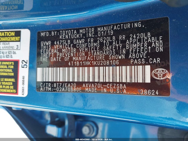 Продажа на аукционе авто 2019 Toyota Camry Se, vin: 4T1B11HK1KU208106, номер лота: 46342860