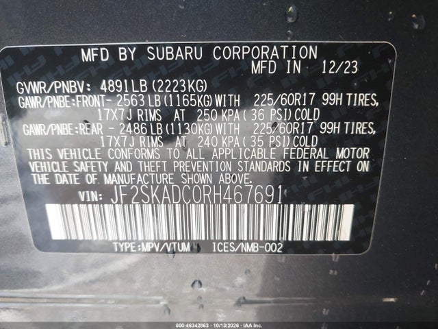 Продажа на аукционе авто 2024 Subaru Forester Premium, vin: JF2SKADC0RH467691, номер лота: 46342863