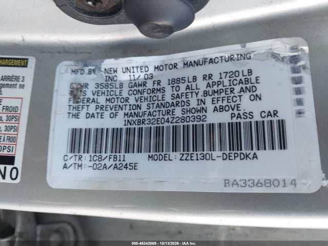 Продаж на аукціоні авто 2004 Toyota Corolla Ce, vin: 1NXBR32E04Z280392, номер лоту: 46342869
