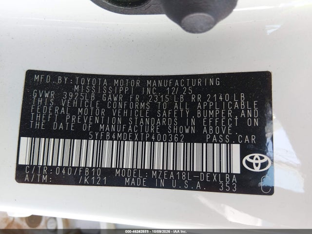 46342871 :رقم المزاد ، 5YFB4MDEXTP400362 vin ، 2026 Toyota Corolla Le مزاد بيع