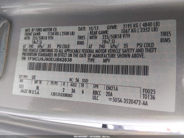 Aukcja sprzedaży 2014 Ford Escape Titanium, vin: 1FMCU9J90EUB62838, numer aukcji: 46342907