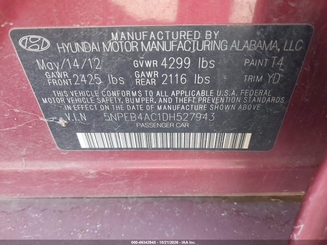 Продажа на аукционе авто 2013 Hyundai Sonata Gls, vin: 5NPEB4AC1DH527943, номер лота: 46342945