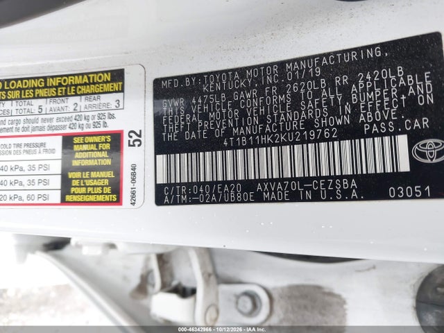Продажа на аукционе авто 2019 Toyota Camry Se, vin: 4T1B11HK2KU219762, номер лота: 46342966