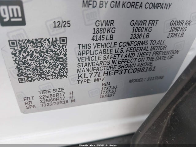 2026 Chevrolet Trax Fwd Lt მანქანა იყიდება აუქციონზე, vin: KL77LHEP3TC098161, აუქციონის ნომერი: 46342984