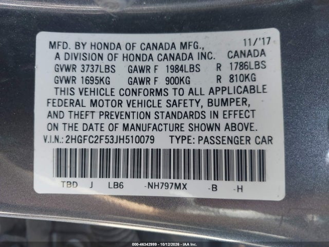 Продажа на аукционе авто 2018 Honda Civic Lx, vin: 2HGFC2F53JH510079, номер лота: 46342999