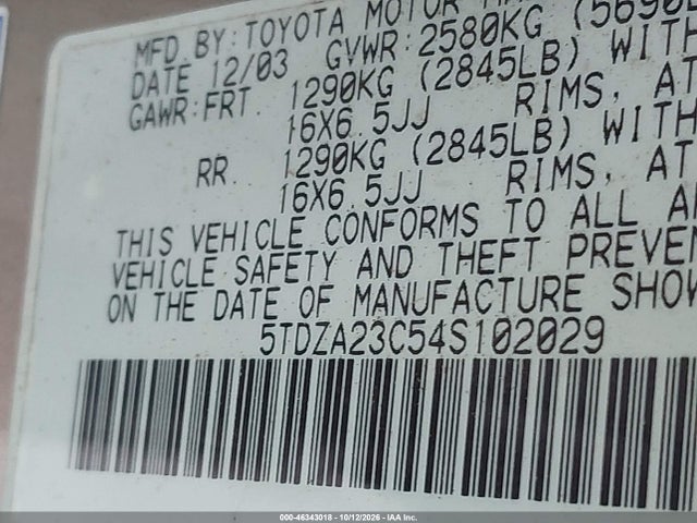 46343018 :رقم المزاد ، 5TDZA23C54S102029 vin ، 2004 Toyota Sienna Ce مزاد بيع