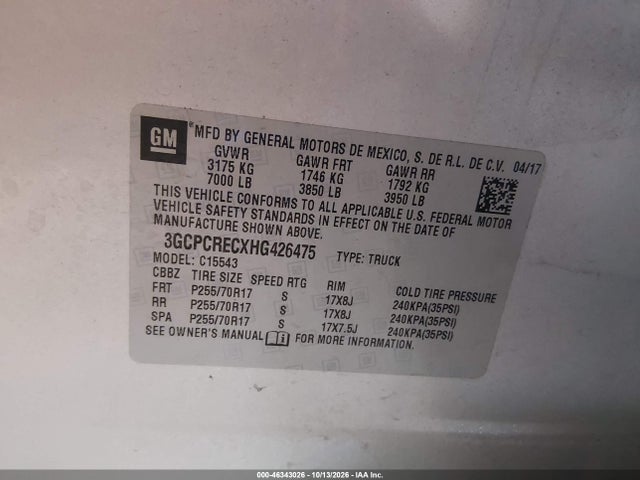 2017 Chevrolet Silverado 1500 1lt მანქანა იყიდება აუქციონზე, vin: 3GCPCRECXHG426475, აუქციონის ნომერი: 46343026