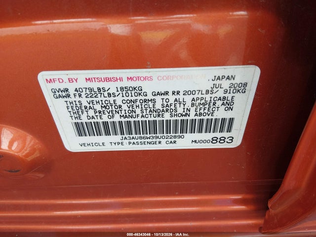 Aukcja sprzedaży 2009 Mitsubishi Lancer Gts, vin: JA3AU86W39U022890, numer aukcji: 46343046