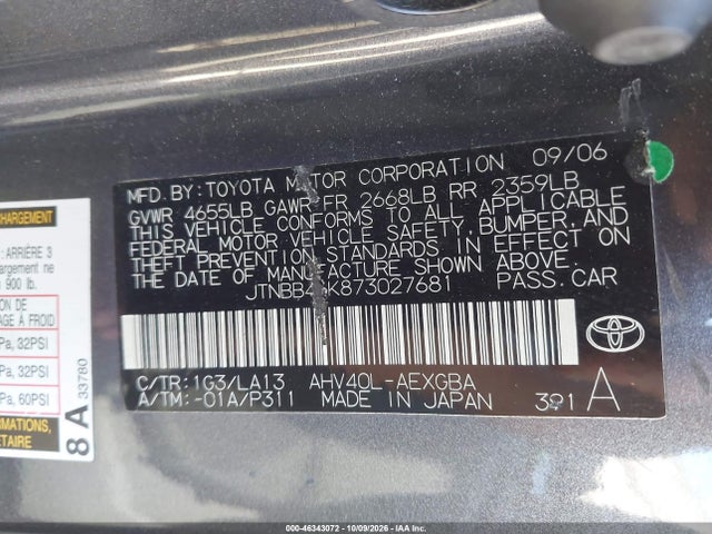 Aukcja sprzedaży 2007 Toyota Camry Hybrid, vin: JTNBB46K873027681, numer aukcji: 46343072