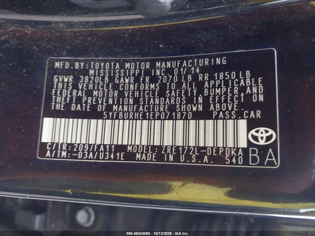 5YFBURHE1EP071870 Toyota COROLLA L