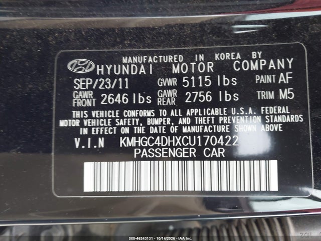 Продаж на аукціоні авто 2012 Hyundai Genesis 5.0, vin: KMHGC4DHXCU170422, номер лоту: 46343131