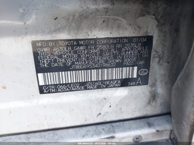 Aukcja sprzedaży 2004 Lexus Gs 300, vin: JT8BD69S340198632, numer aukcji: 46343132