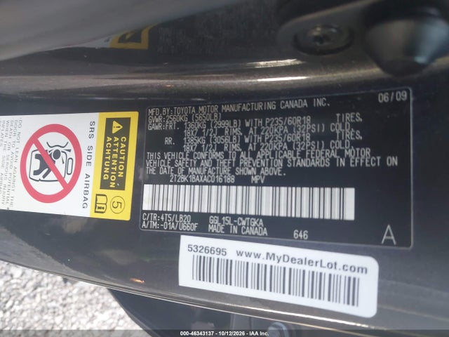 46343137 :رقم المزاد ، 2T2BK1BAXAC016188 vin ، 2010 Lexus Rx 350 مزاد بيع
