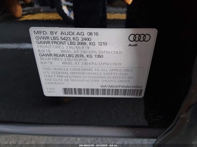 Aukcja sprzedaży 2017 Audi Q5 2.0t Premium, vin: WA1M2AFP4HA034562, numer aukcji: 46343150