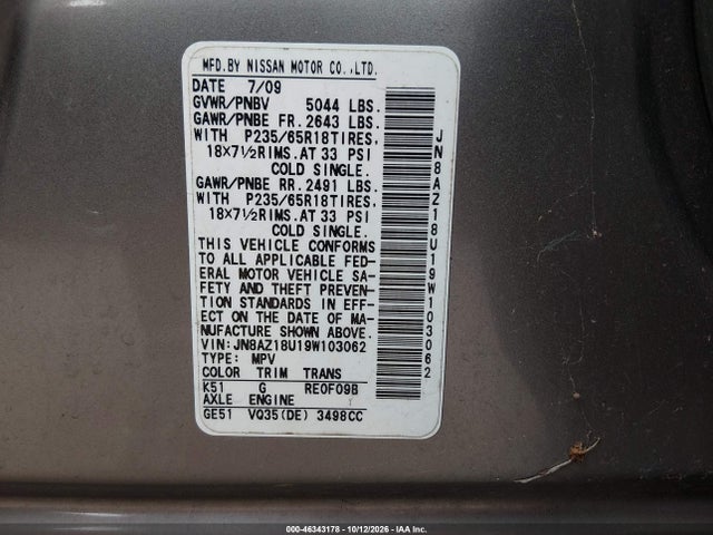 46343178 :رقم المزاد ، JN8AZ18U19W103062 vin ، 2009 Nissan Murano S مزاد بيع