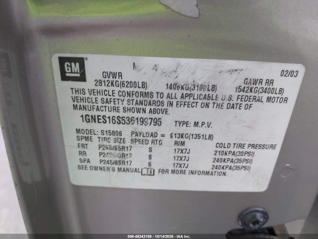 Aukcja sprzedaży 2003 Chevrolet Trailblazer Ext Lt, vin: 1GNES16S536199795, numer aukcji: 46343189
