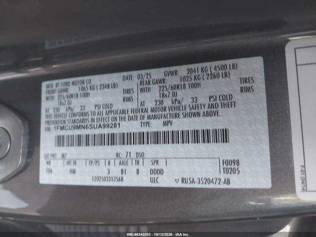 Продаж на аукціоні авто 2025 Ford Escape St-line, vin: 1FMCU9MN6SUA99281, номер лоту: 46343203