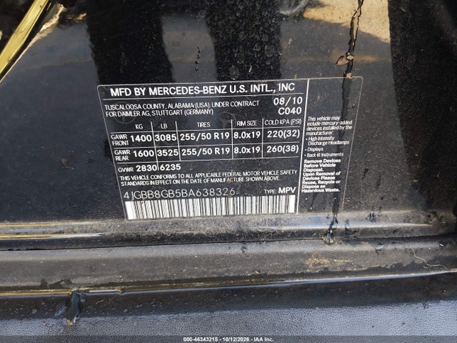 2011 Mercedes-benz Ml 350 4matic მანქანა იყიდება აუქციონზე, vin: 4JGBB8GB5BA638326, აუქციონის ნომერი: 46343215