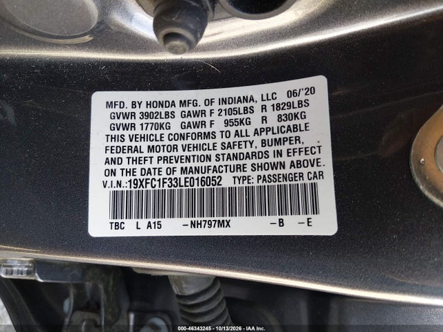Продажа на аукционе авто 2020 Honda Civic Ex, vin: 19XFC1F33LE016052, номер лота: 46343245