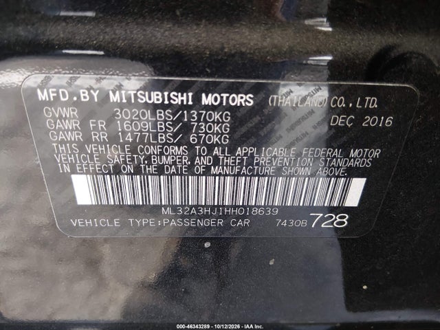 46343289 :رقم المزاد ، ML32A3HJ1HH018639 vin ، 2017 Mitsubishi Mirage Es مزاد بيع