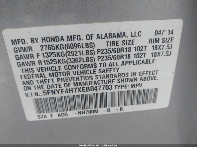 5FNYF4H7XEB047703 Honda Pilot Ex-l