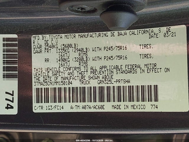 Aukcja sprzedaży 2021 Toyota Tacoma Sr5 V6, vin: 3TMAZ5CN1MM150104, numer aukcji: 46343296