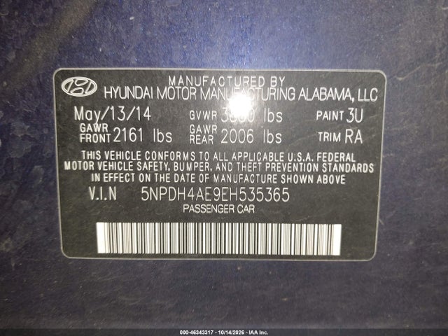46343317 :رقم المزاد ، 5NPDH4AE9EH535365 vin ، 2014 Hyundai Elantra Se مزاد بيع