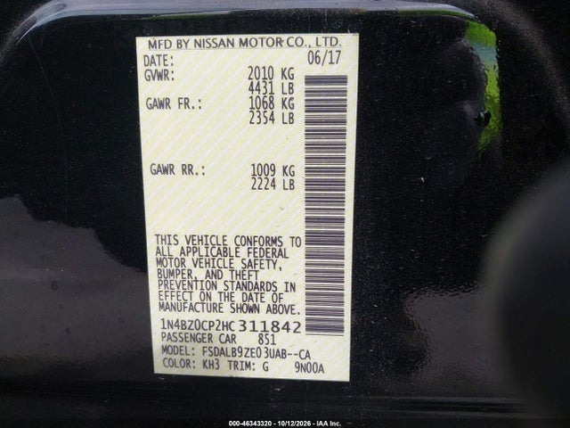46343320 :رقم المزاد ، 1N4BZ0CP2HC311842 vin ، 2017 Nissan Leaf S مزاد بيع