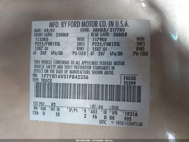 46343366 :رقم المزاد ، 1FTYR14V51PB42356 vin ، 2001 Ford Ranger Edge/xl/xlt مزاد بيع