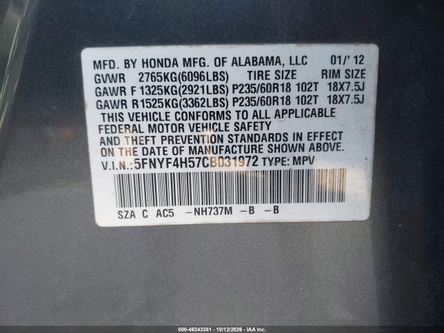 46343381 :رقم المزاد ، 5FNYF4H57CB031972 vin ، 2012 Honda Pilot Ex-l مزاد بيع